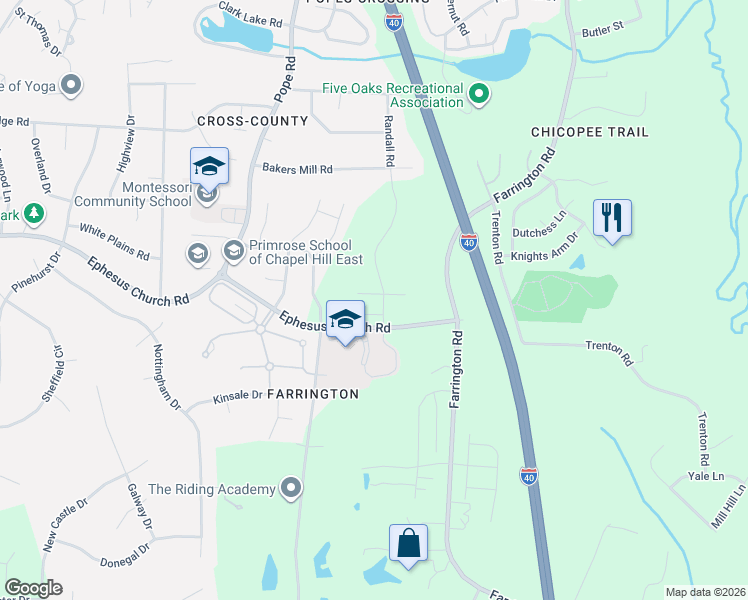 map of restaurants, bars, coffee shops, grocery stores, and more near 208 Tamworth Creek in Durham