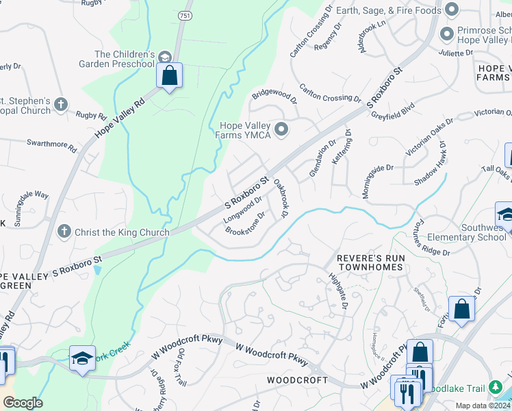 map of restaurants, bars, coffee shops, grocery stores, and more near 5113 Longwood Drive in Durham