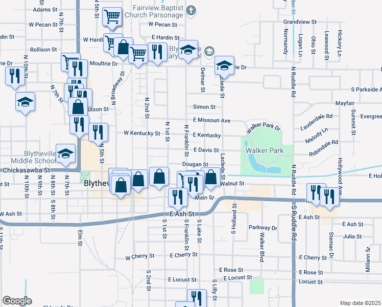 map of restaurants, bars, coffee shops, grocery stores, and more near 405 N Franklin St in Blytheville