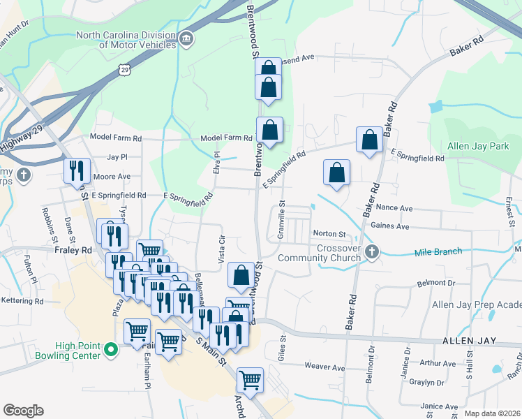 map of restaurants, bars, coffee shops, grocery stores, and more near 2308 Brentwood Street in High Point