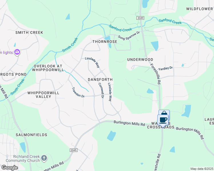 map of restaurants, bars, coffee shops, grocery stores, and more near 9117 Linslade Way in Wake Forest