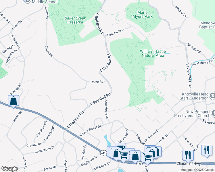 map of restaurants, bars, coffee shops, grocery stores, and more near 309 East Red Bud Road in Knoxville