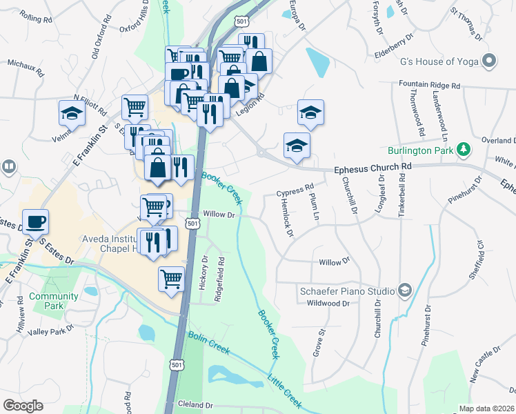 map of restaurants, bars, coffee shops, grocery stores, and more near 300 Spruce Street in Chapel Hill