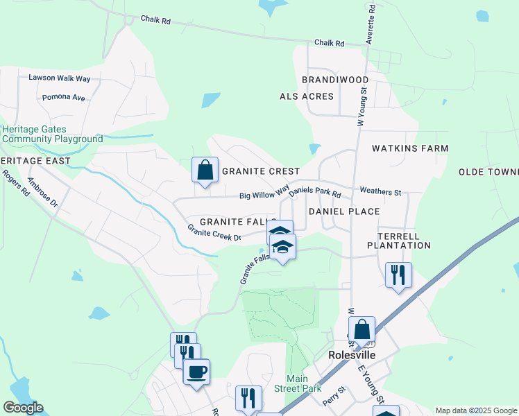 map of restaurants, bars, coffee shops, grocery stores, and more near 404 Granite Saddle Drive in Rolesville