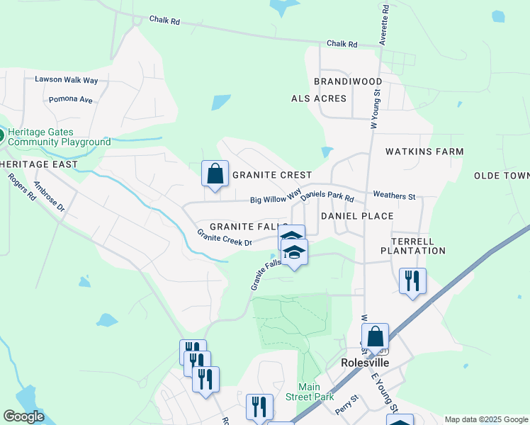 map of restaurants, bars, coffee shops, grocery stores, and more near Granite Saddle Drive in Rolesville