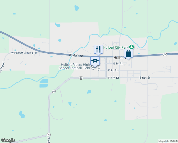 map of restaurants, bars, coffee shops, grocery stores, and more near 513 College Avenue in Hulbert