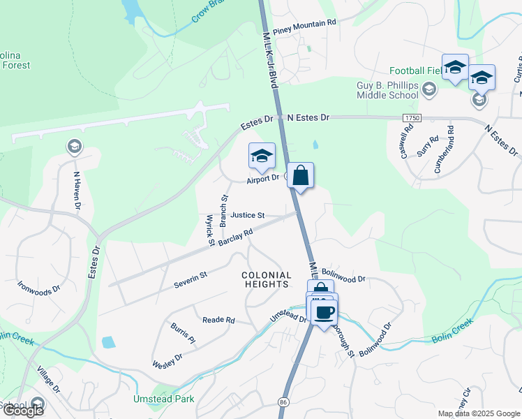 map of restaurants, bars, coffee shops, grocery stores, and more near 120 Justice Street in Chapel Hill