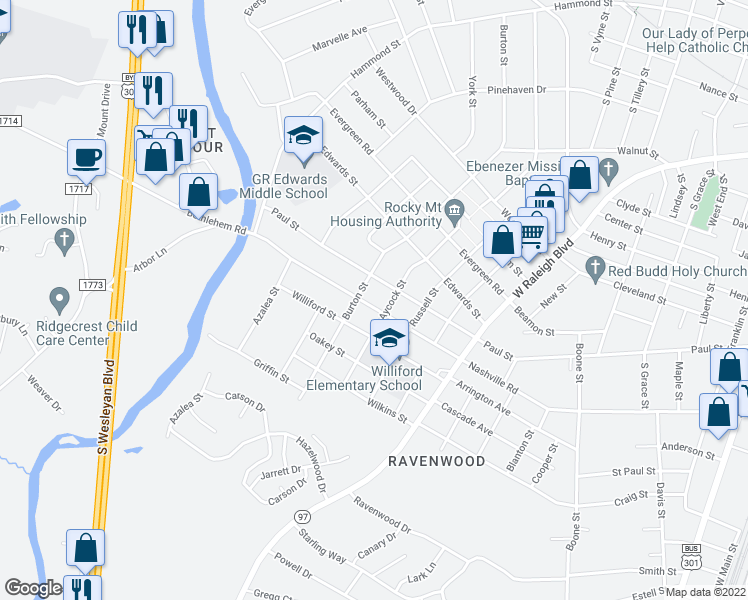 map of restaurants, bars, coffee shops, grocery stores, and more near 1014 Nashville Road in Rocky Mount
