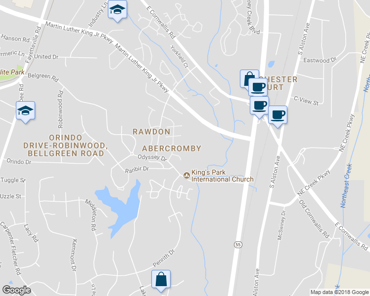 map of restaurants, bars, coffee shops, grocery stores, and more near 1305 Odyssey Drive in Durham