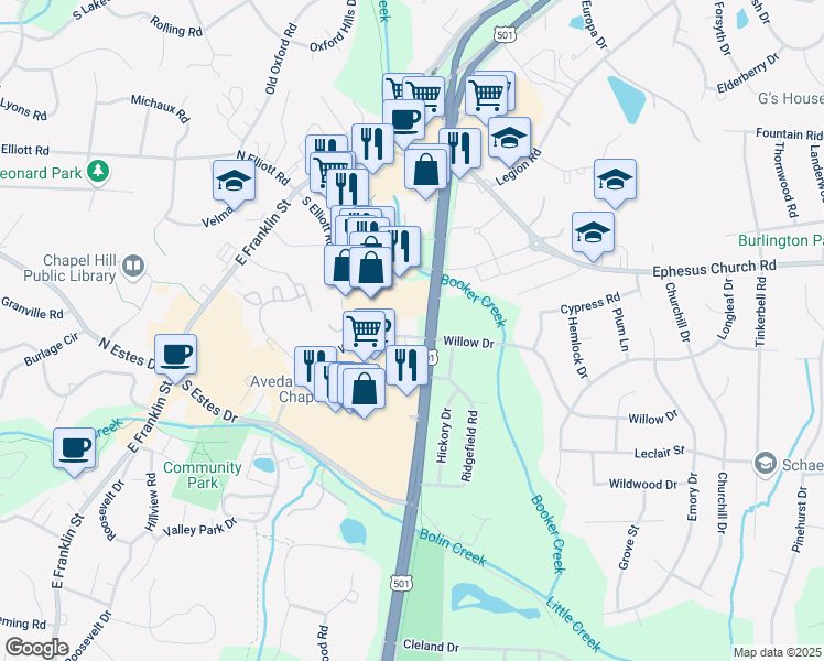 map of restaurants, bars, coffee shops, grocery stores, and more near 1201 North Fordham Boulevard in Chapel Hill
