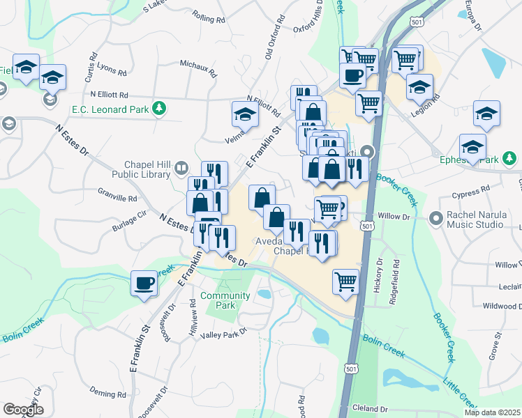 map of restaurants, bars, coffee shops, grocery stores, and more near 208 Conner Drive in Chapel Hill