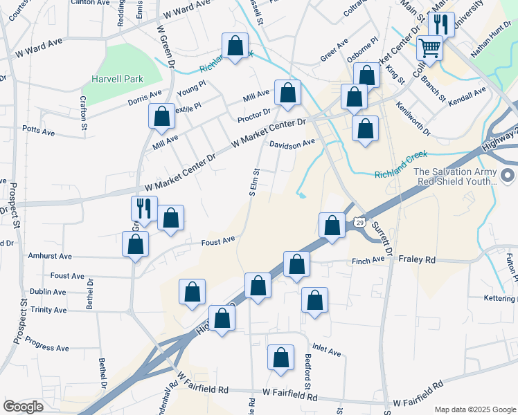 map of restaurants, bars, coffee shops, grocery stores, and more near 1911 South Elm Street in High Point