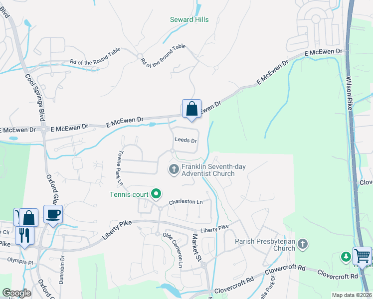 map of restaurants, bars, coffee shops, grocery stores, and more near 1405 Leeds Drive in Franklin