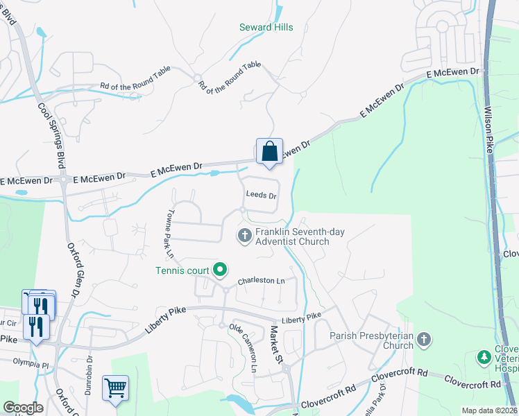 map of restaurants, bars, coffee shops, grocery stores, and more near 1405 Leeds Drive in Franklin