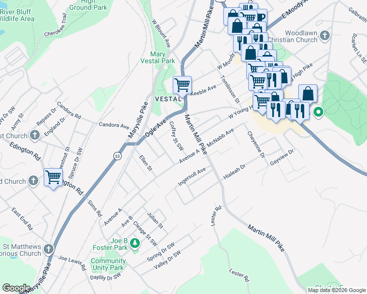 map of restaurants, bars, coffee shops, grocery stores, and more near 4323 Martin Mill Pike in Knoxville
