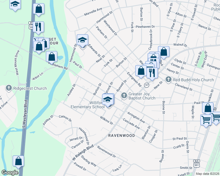 map of restaurants, bars, coffee shops, grocery stores, and more near 1000 Paul Street in Rocky Mount