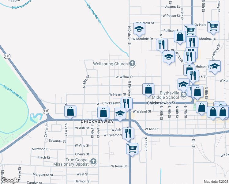 map of restaurants, bars, coffee shops, grocery stores, and more near 1313 Holly Street in Blytheville