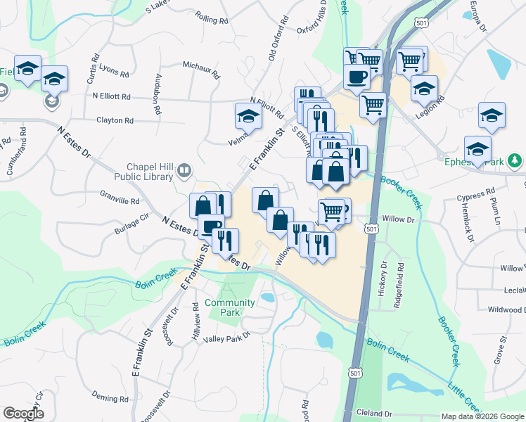 map of restaurants, bars, coffee shops, grocery stores, and more near 208 Conner Drive in Chapel Hill