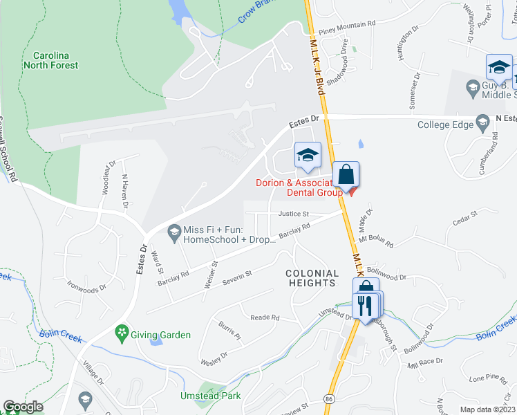 map of restaurants, bars, coffee shops, grocery stores, and more near 204 Justice Street in Chapel Hill
