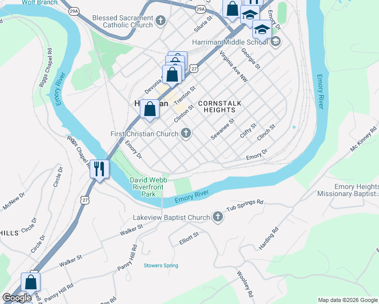 map of restaurants, bars, coffee shops, grocery stores, and more near 312 Morgan Avenue Northeast in Harriman