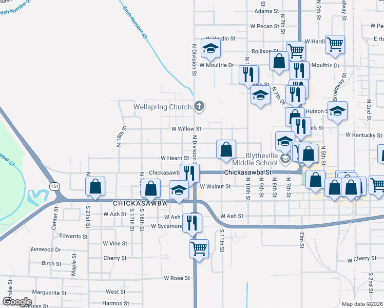 map of restaurants, bars, coffee shops, grocery stores, and more near 1201 Holly Street in Blytheville