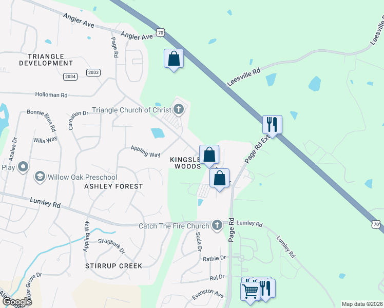 map of restaurants, bars, coffee shops, grocery stores, and more near 100 Kingsley Woods Drive in Durham