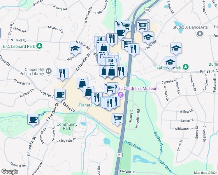 map of restaurants, bars, coffee shops, grocery stores, and more near 300A South Elliott Road in Chapel Hill