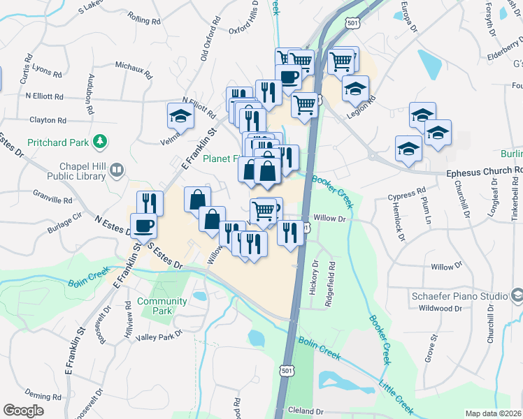 map of restaurants, bars, coffee shops, grocery stores, and more near 300A South Elliott Road in Chapel Hill