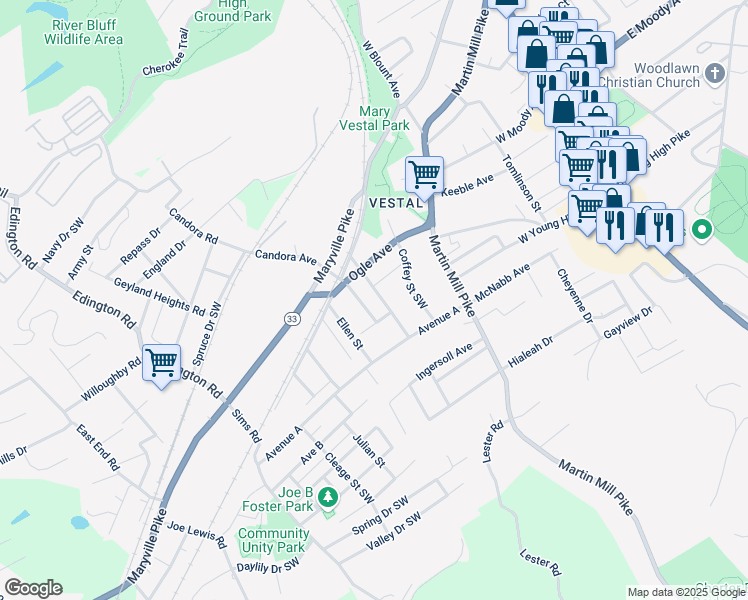map of restaurants, bars, coffee shops, grocery stores, and more near 4217 Immanuel Street Southwest in Knoxville