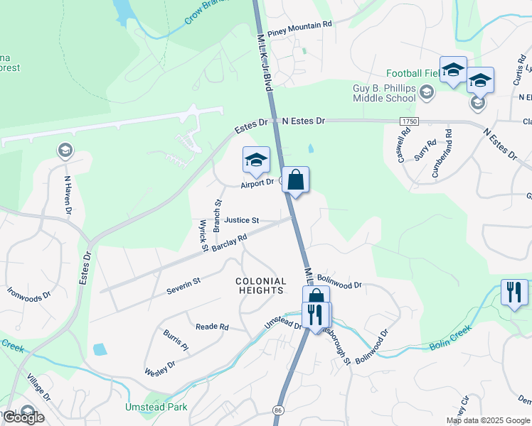 map of restaurants, bars, coffee shops, grocery stores, and more near 116 Justice Street in Chapel Hill