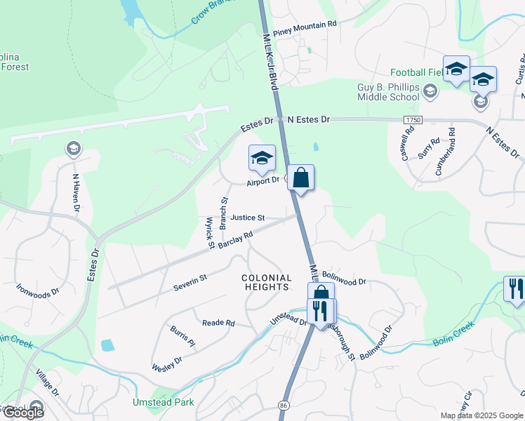 map of restaurants, bars, coffee shops, grocery stores, and more near 120 Justice Street in Chapel Hill
