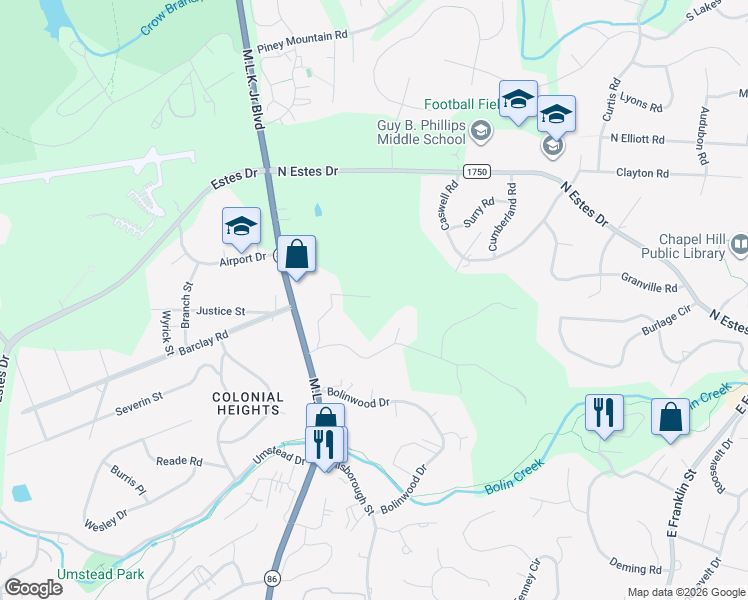 map of restaurants, bars, coffee shops, grocery stores, and more near 124 Maple Drive in Chapel Hill
