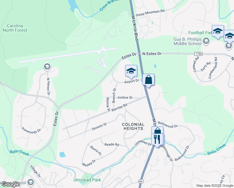 map of restaurants, bars, coffee shops, grocery stores, and more near 136 Justice Street in Chapel Hill