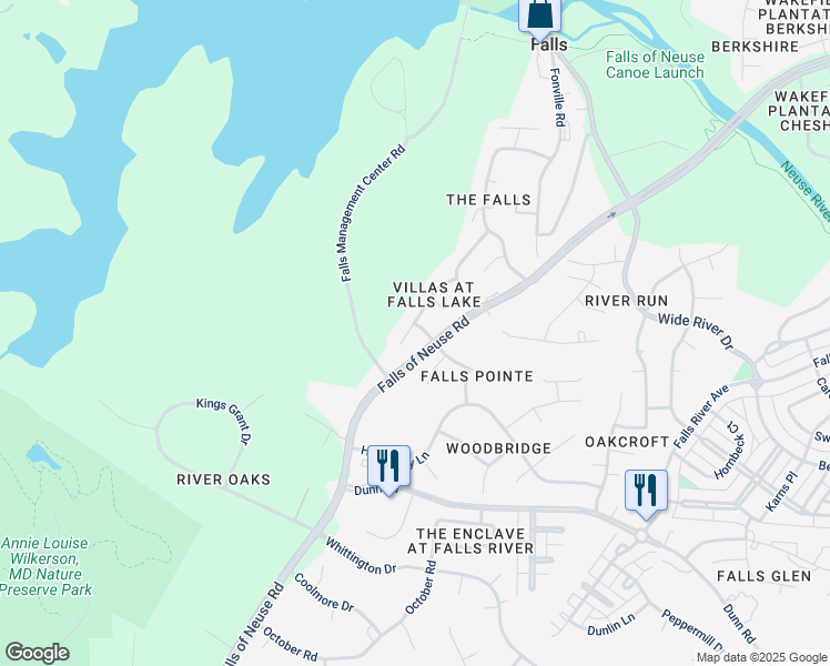 map of restaurants, bars, coffee shops, grocery stores, and more near 11705 Falls of Neuse Road in Wake Forest