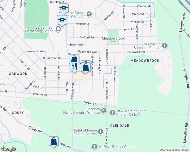 map of restaurants, bars, coffee shops, grocery stores, and more near 108-112 North Moring Avenue in Rocky Mount