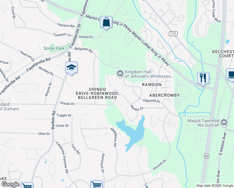 map of restaurants, bars, coffee shops, grocery stores, and more near 3407 Ranbir Drive in Durham