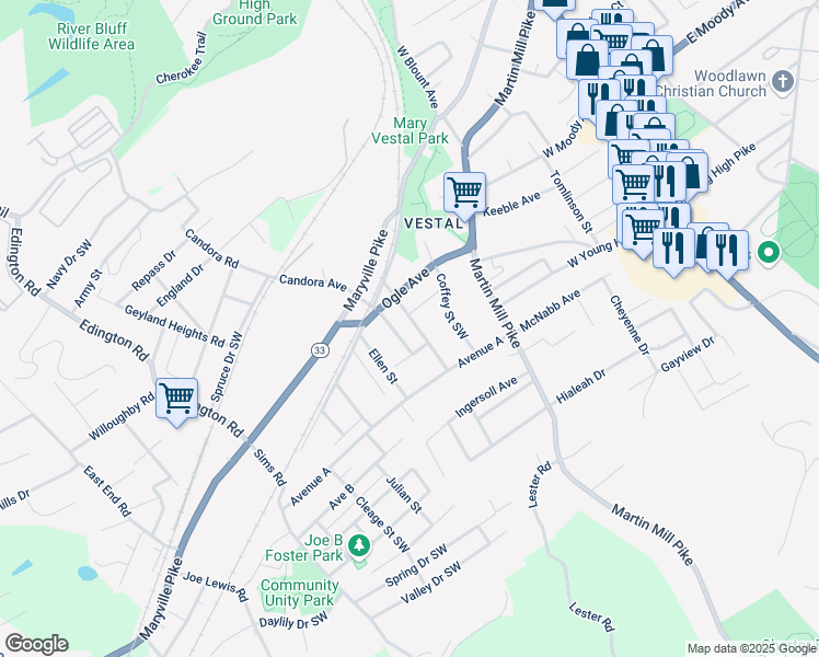 map of restaurants, bars, coffee shops, grocery stores, and more near 4217 Immanuel Street Southwest in Knoxville