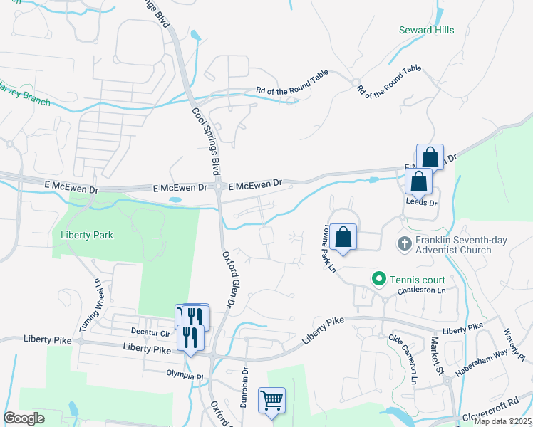 map of restaurants, bars, coffee shops, grocery stores, and more near 201 Conservatory Drive in Franklin