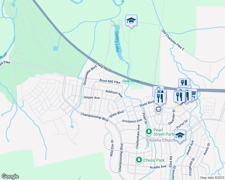 map of restaurants, bars, coffee shops, grocery stores, and more near 422 Wiregrass Lane in Franklin