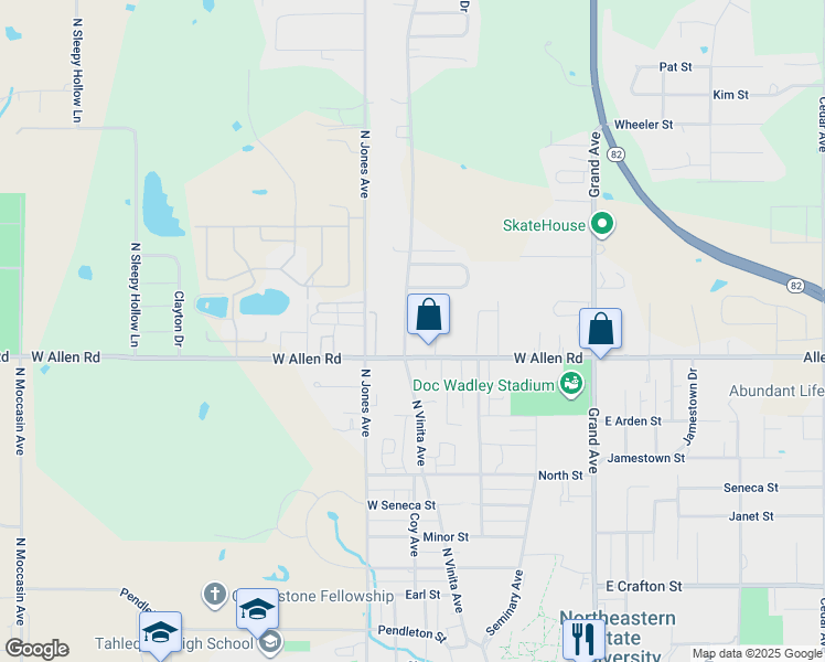 map of restaurants, bars, coffee shops, grocery stores, and more near 1404 North Vinita Avenue in Tahlequah