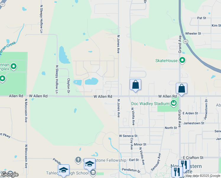 map of restaurants, bars, coffee shops, grocery stores, and more near 1300 North Jones Avenue in Tahlequah