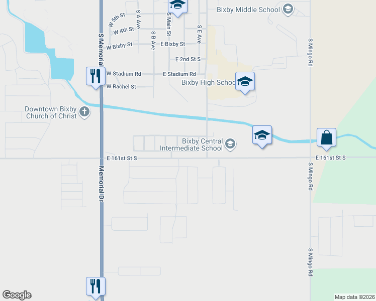 map of restaurants, bars, coffee shops, grocery stores, and more near 16070 South 88th East Place in Bixby