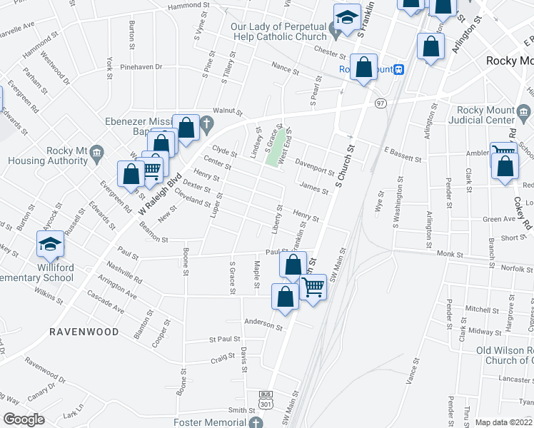 map of restaurants, bars, coffee shops, grocery stores, and more near 413 Dexter Street in Rocky Mount