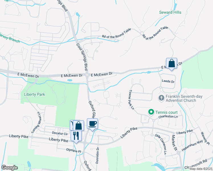 map of restaurants, bars, coffee shops, grocery stores, and more near 201 Conservatory Drive in Franklin