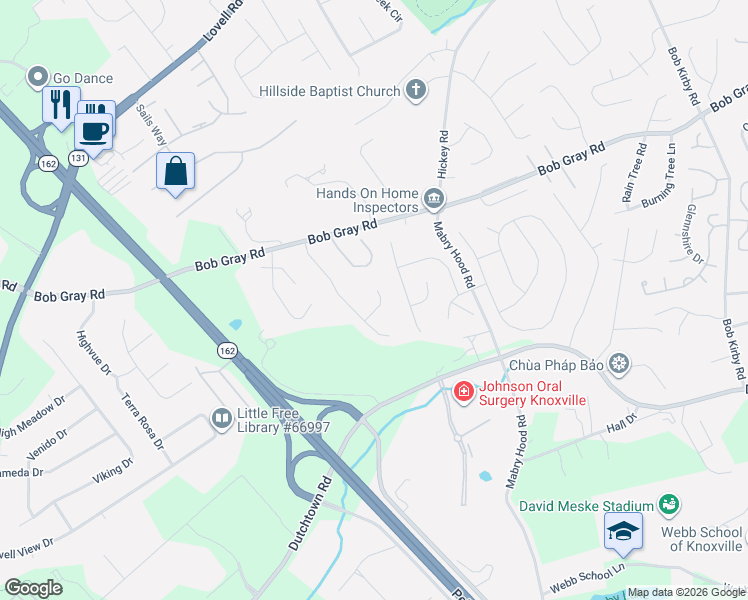 map of restaurants, bars, coffee shops, grocery stores, and more near 10307 Eagle Spring Lane in Knoxville