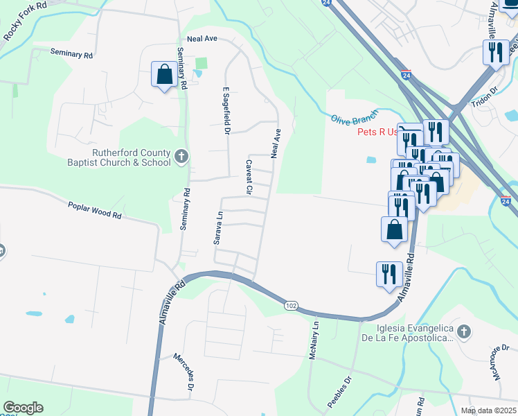 map of restaurants, bars, coffee shops, grocery stores, and more near 384 Sarava Lane in Smyrna