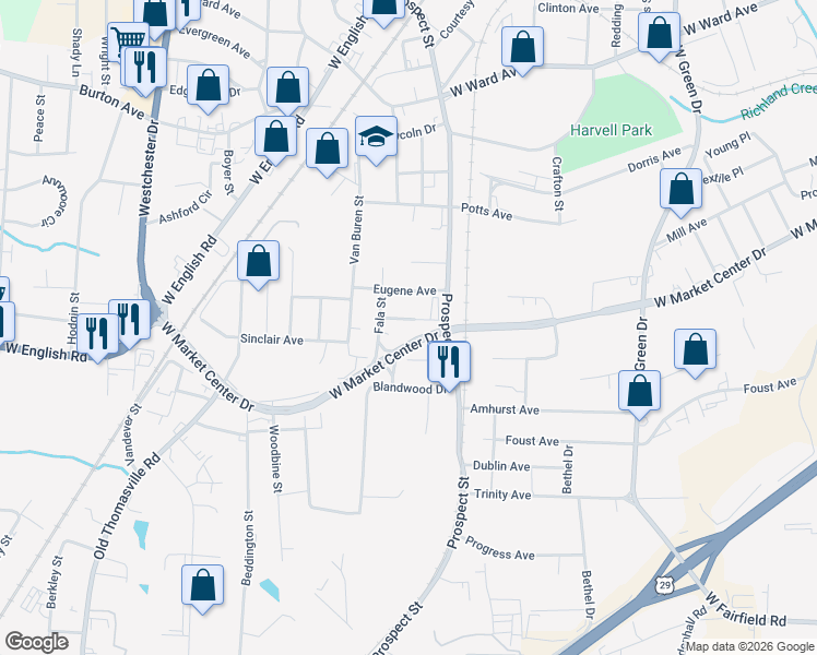 map of restaurants, bars, coffee shops, grocery stores, and more near 1517 Sheldon Court in High Point