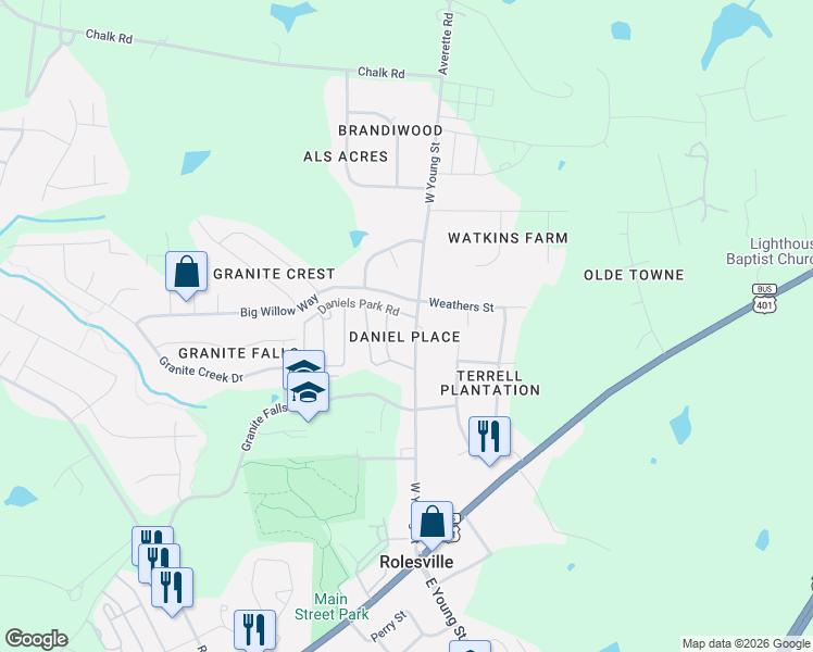 map of restaurants, bars, coffee shops, grocery stores, and more near 233 West Young Street in Rolesville