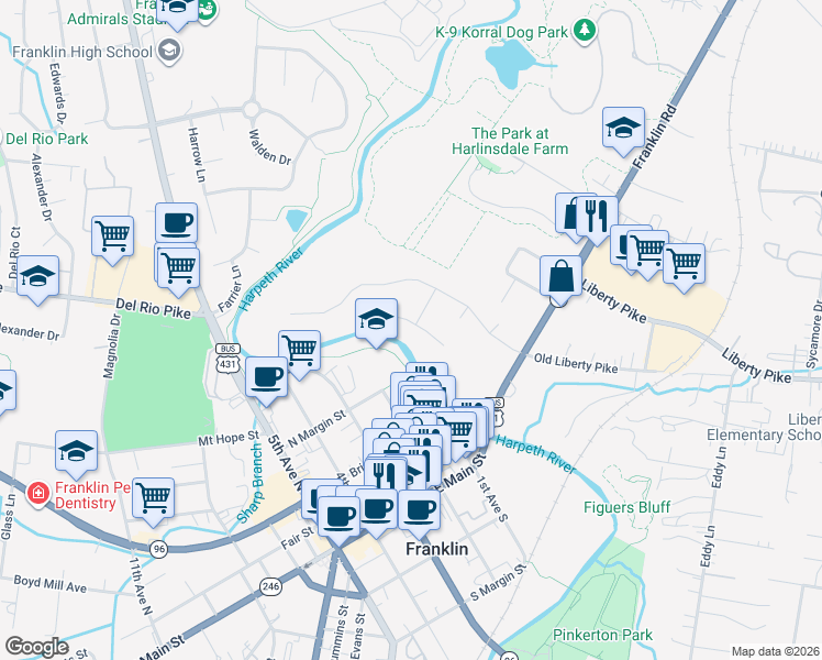 map of restaurants, bars, coffee shops, grocery stores, and more near 107 Parsons Place in Franklin