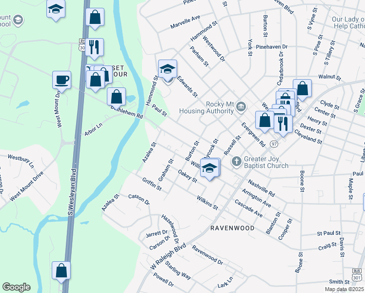 map of restaurants, bars, coffee shops, grocery stores, and more near 1117 Nashville Road in Rocky Mount